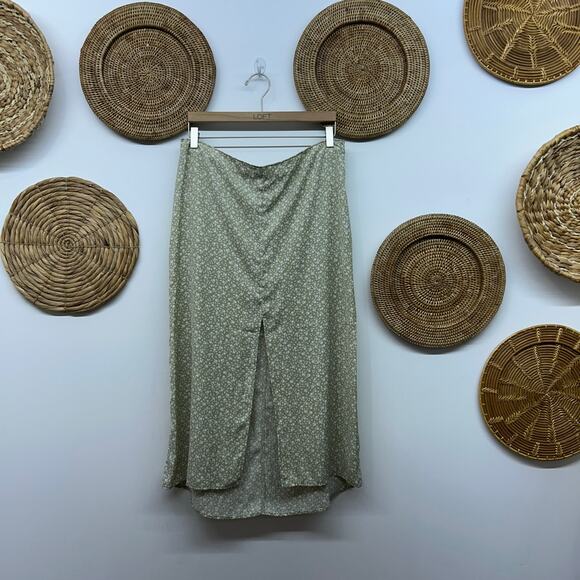 Abercrombie Green White Flower Floral Slit Midi Skirt Large Feminine Cute - Picture 2 of 8